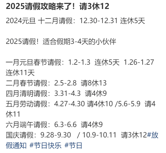 2025年请假攻略来了！最长请3休12<strong></p>
<p>Fiery</strong>，网友：春节请2休11，过完年还能出去玩
