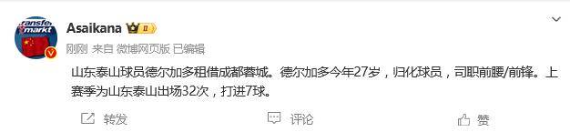 德转确认<strong></p>
<p>CEX</strong>！泰山归化球员德尔加多加盟成都 租借费92万欧